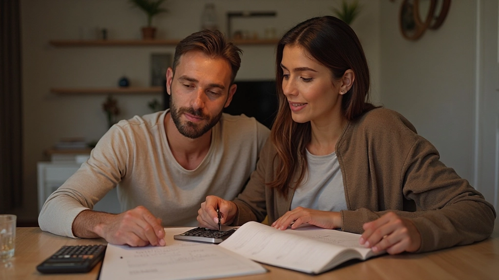 Casal português planejando estratégia de poupança anual com calculadora e planejador